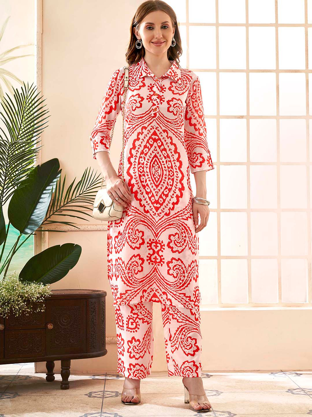 Anouk White & Red Ethinic Motifs Printed Shirt Collar Tunic With trousers