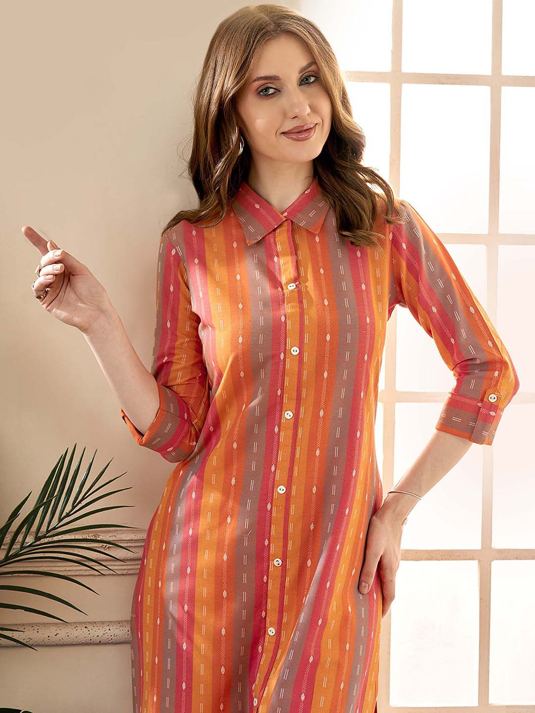 Anouk Rustic Orange Printed Shirt Collar Tunic with Trousers
