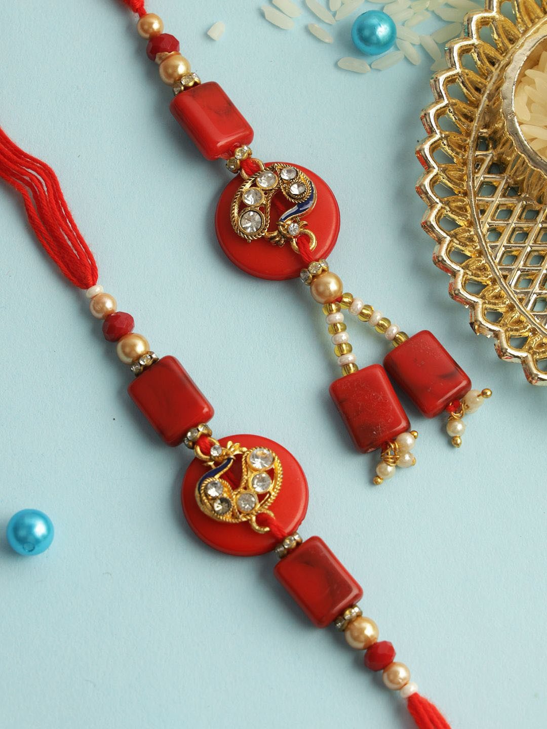 Aapno Rajasthan Peacock Stone Work Bhaiya Bhabhi Rakhi with Roli Chawal & Greetings Card