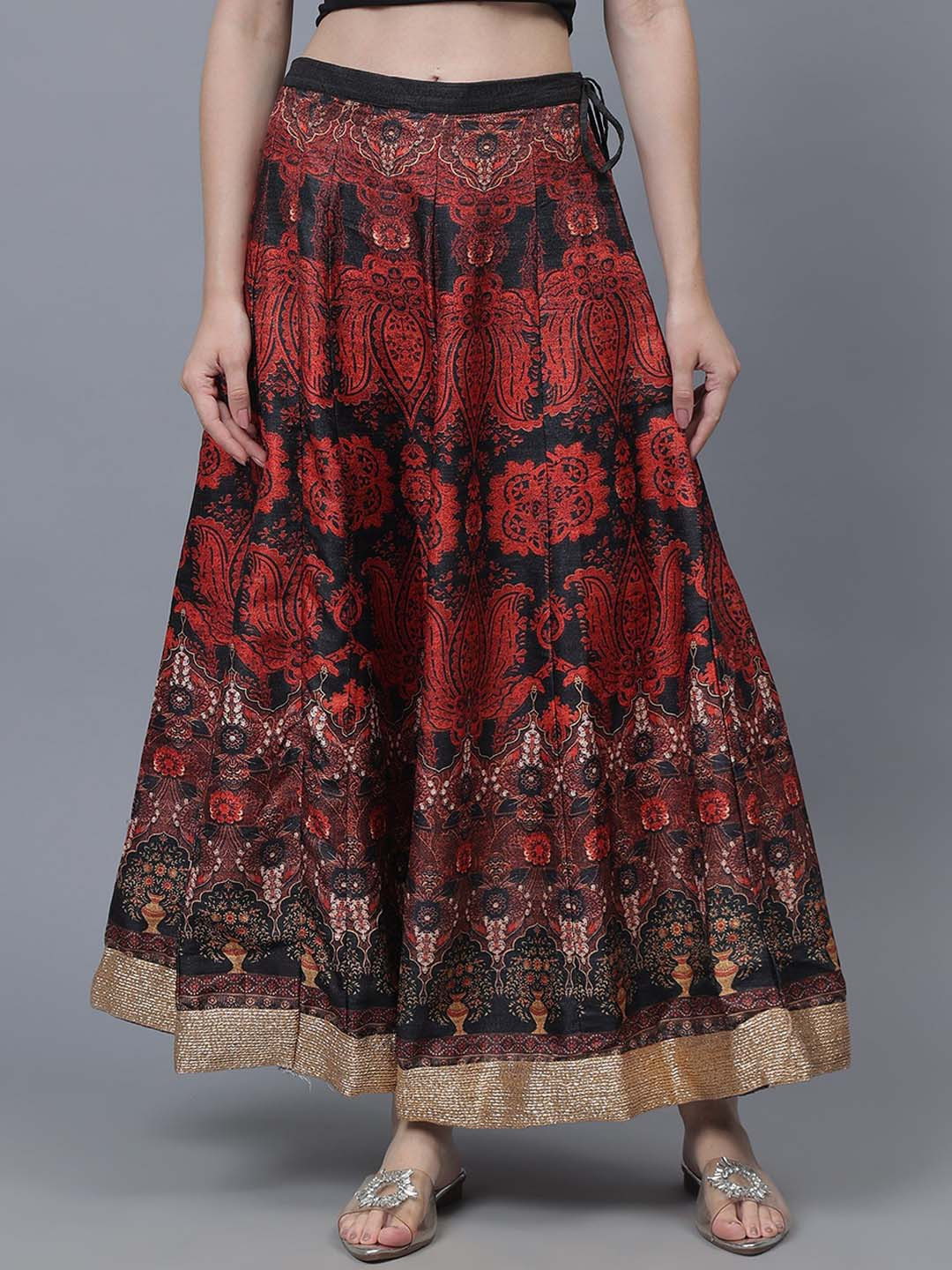 Cot'N Soft Printed Flared Maxi Skirt With Zari Border