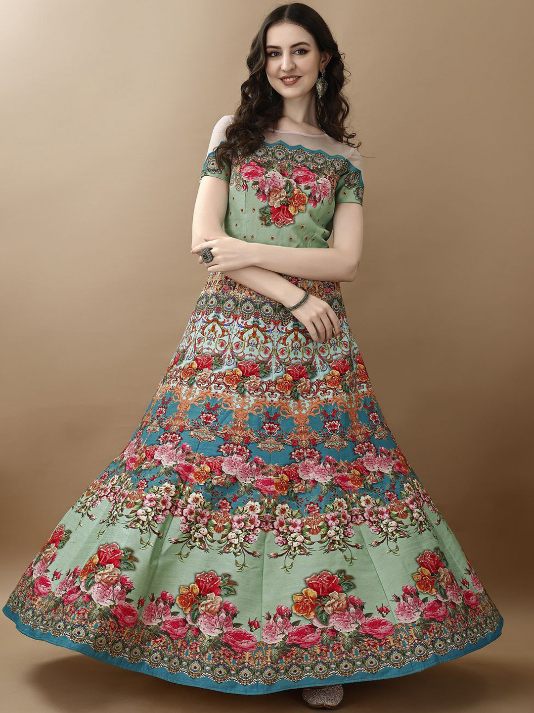 SAPTRANGI Floral Printed Round Neck Gown Maxi Ethnic Dress