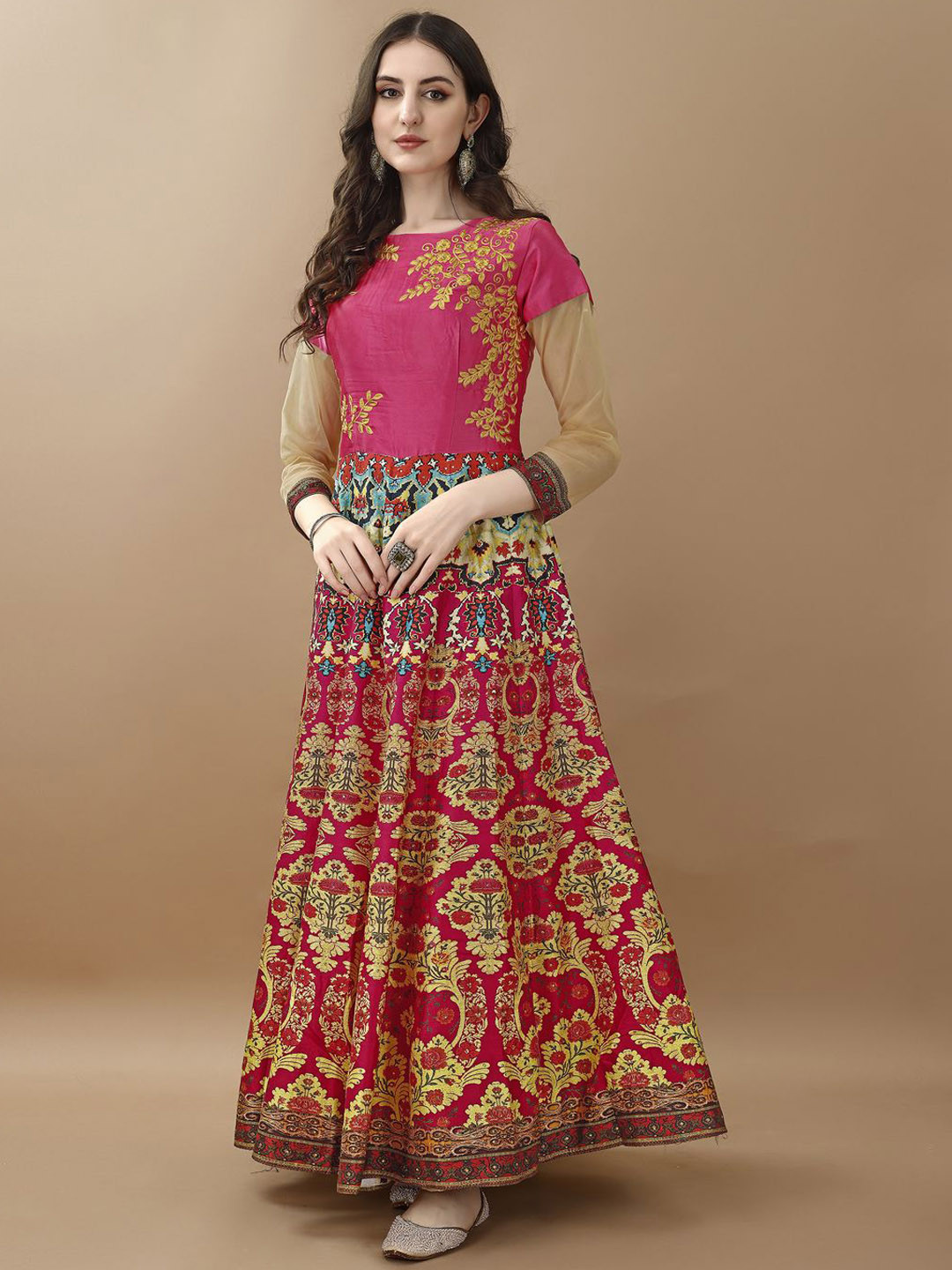 SAPTRANGI Floral Printed Round Neck Gown Maxi Ethnic Dress