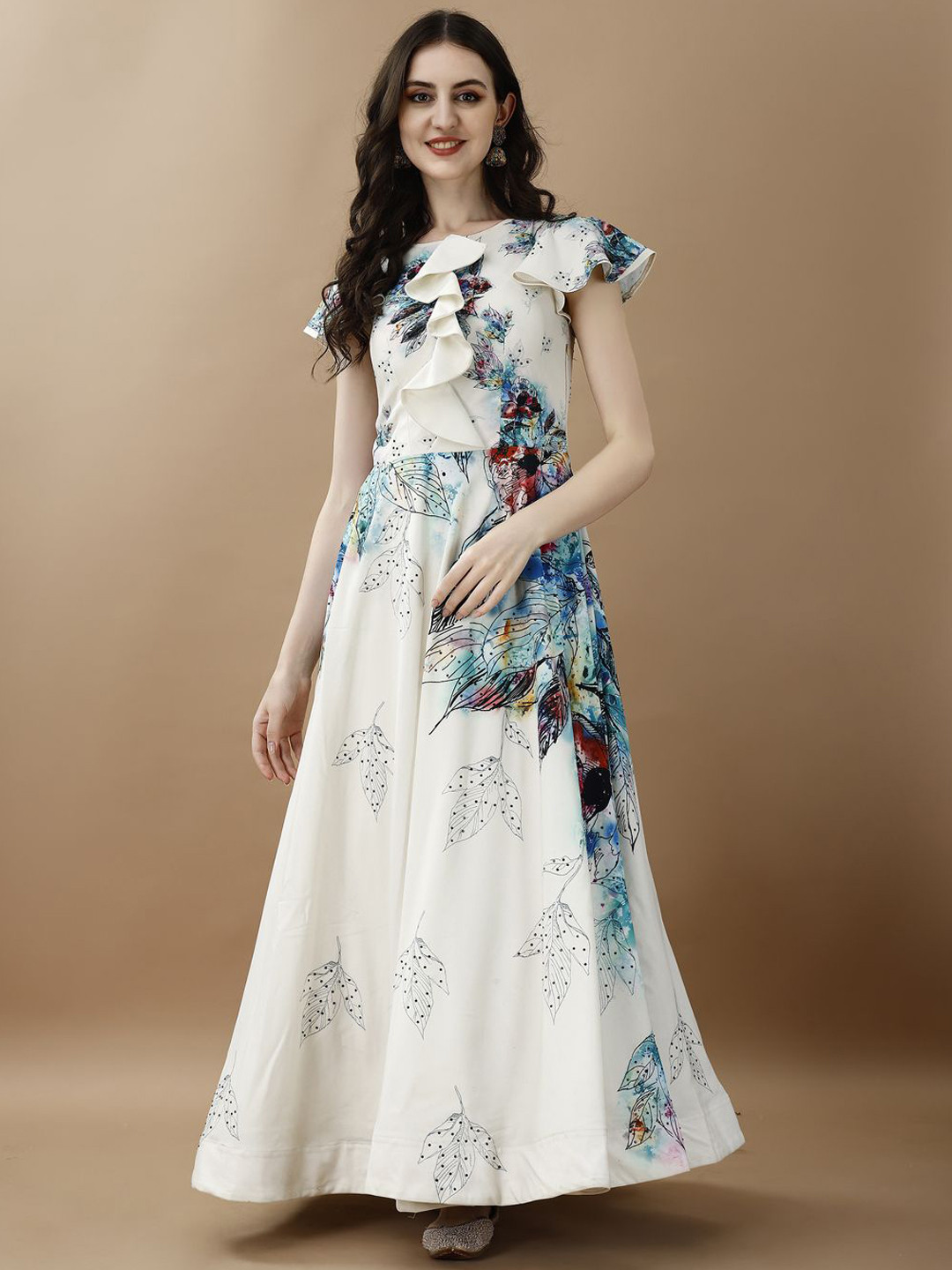 SAPTRANGI Floral Printed Flared Sleeves Gown Maxi Ethnic Dress