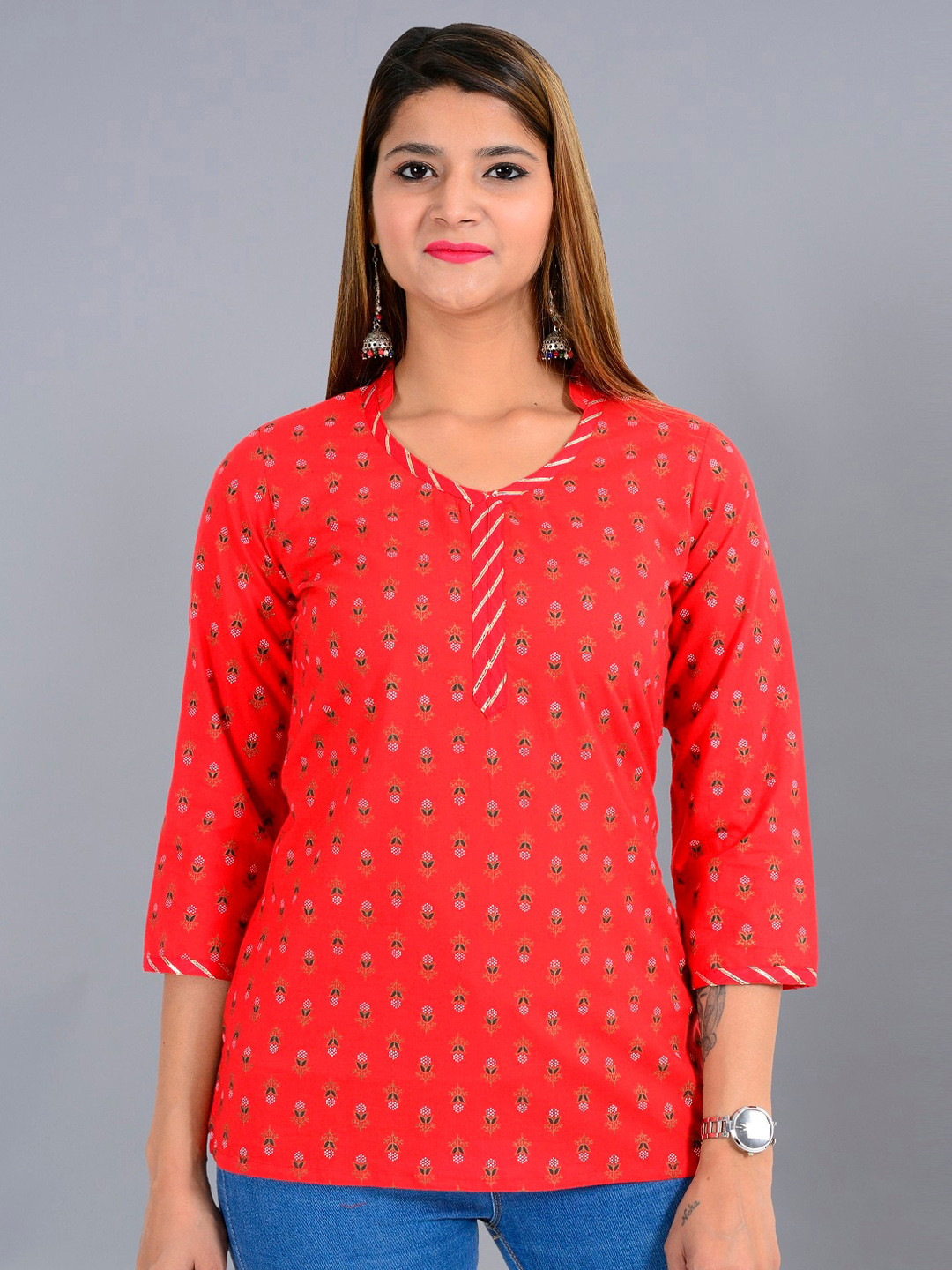 RAJPUTANA CAMISA Ethnic Printed Mandarin Collar Top