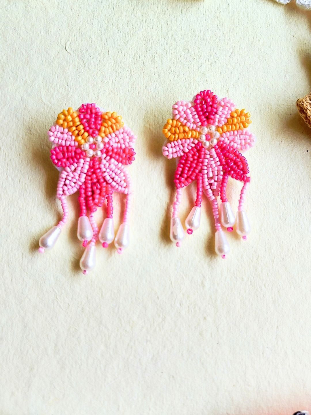 Sangria Pink Beaded Floral Drop Earrings