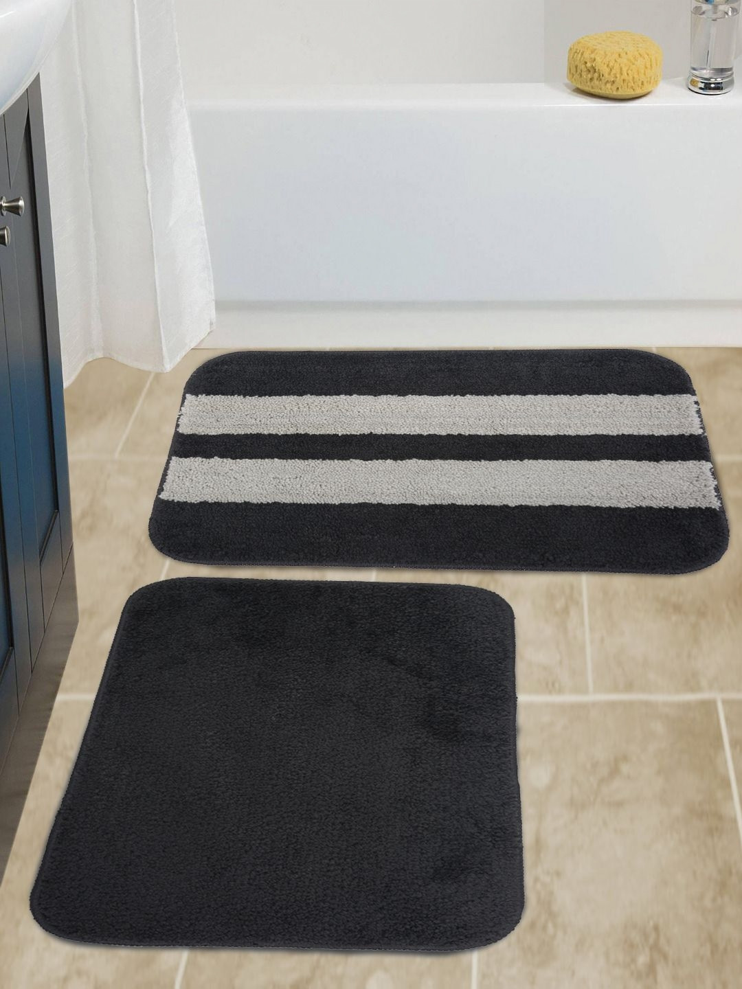 HOSTA HOMES Black & White 2 Pieces Self-Designed Anti-Skid Doormat