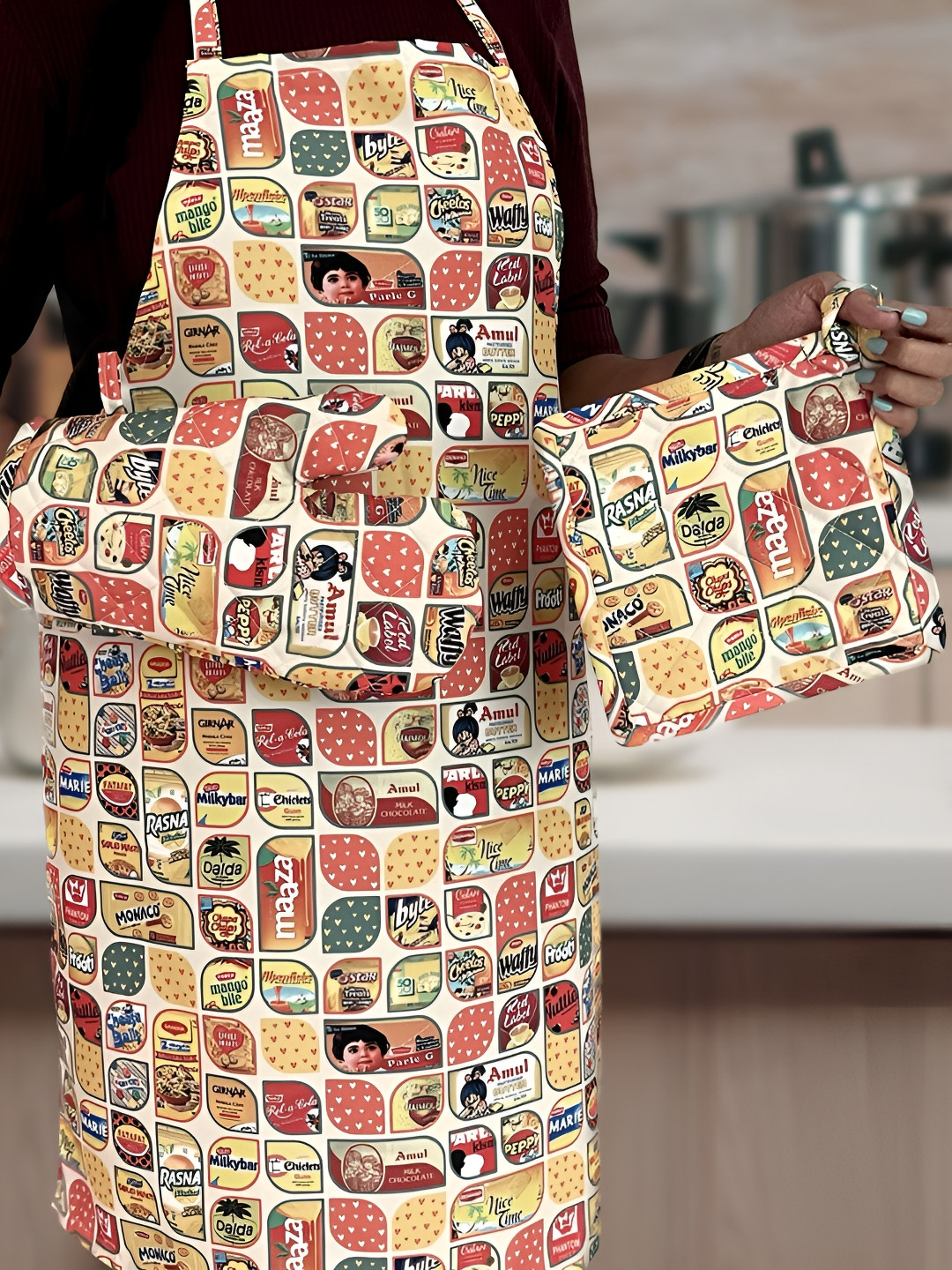 MAATIR DESIGNS Red & Yellow 3Pieces Printed  Apron Set