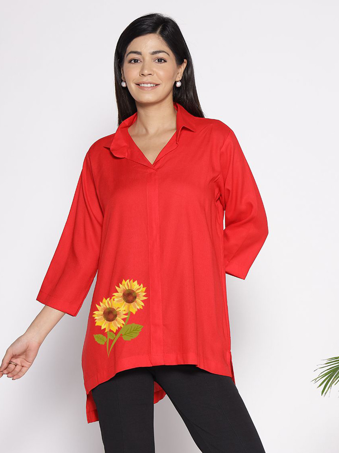 LetsDressUp Cherry Red Floral Printed Shirt Collar High Low Top