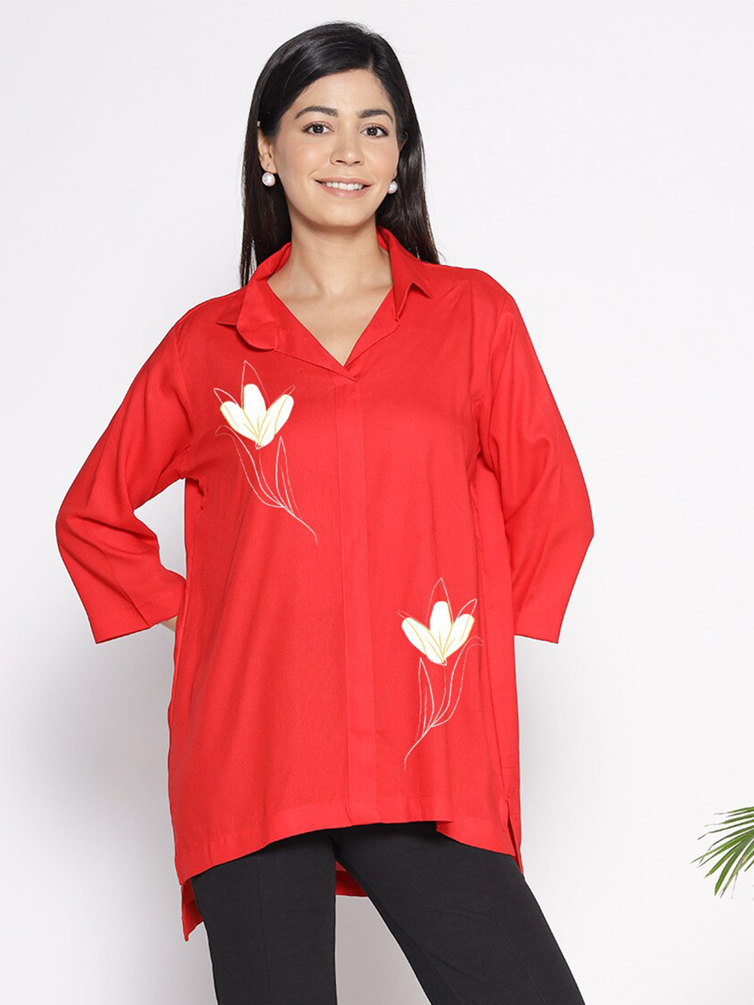 LetsDressUp Cherry Red Floral Printed Shirt Collar High Low Top