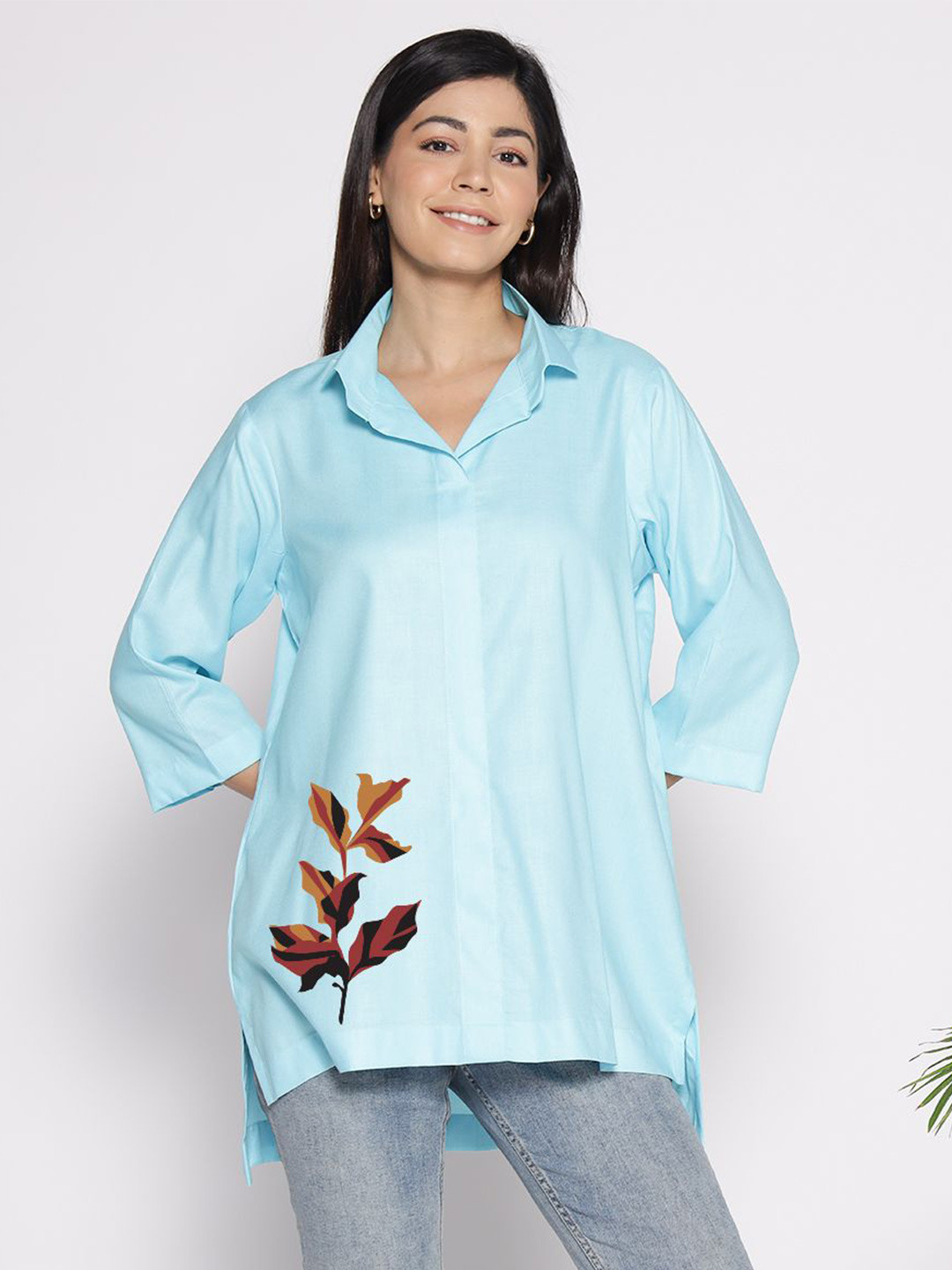 LetsDressUp Tropical Printed Shirt Collar High Low Top