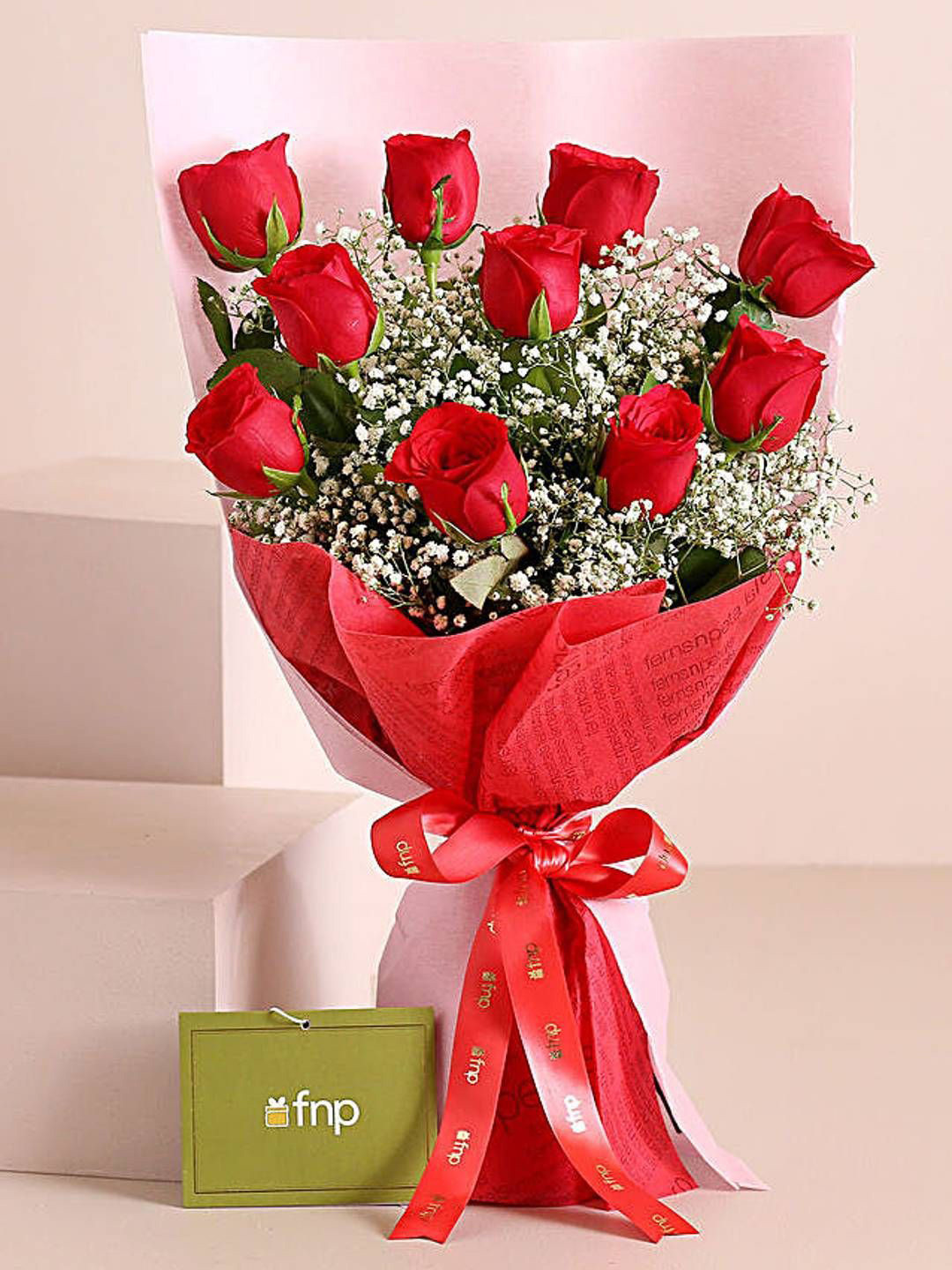 fnp Red & Green 10 Pieces Rose Gypsophila Bouquet