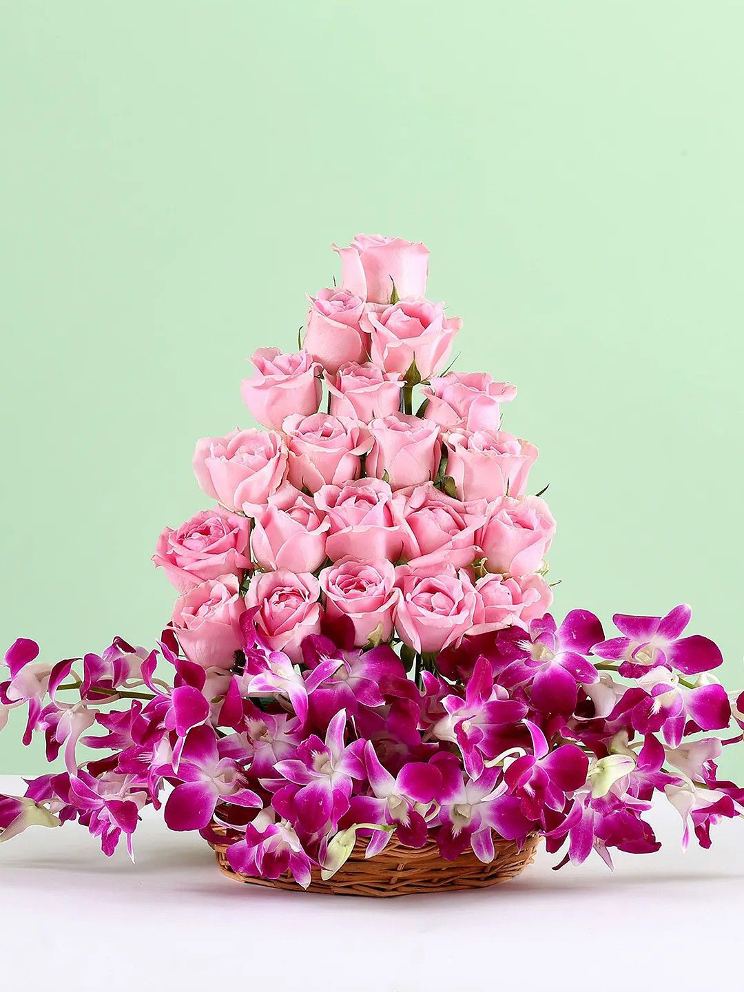 fnp Pink & Purple 28 Pieces Roses & Orchids Basket Arrangement