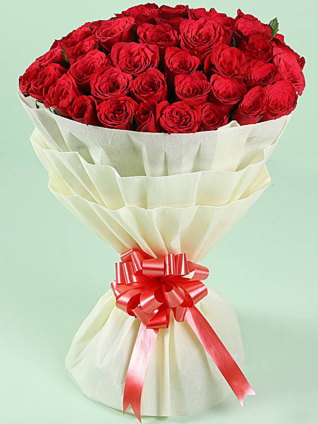 fnp Red & Green 50 Pieces Roses Fresh Flowers Bouquet