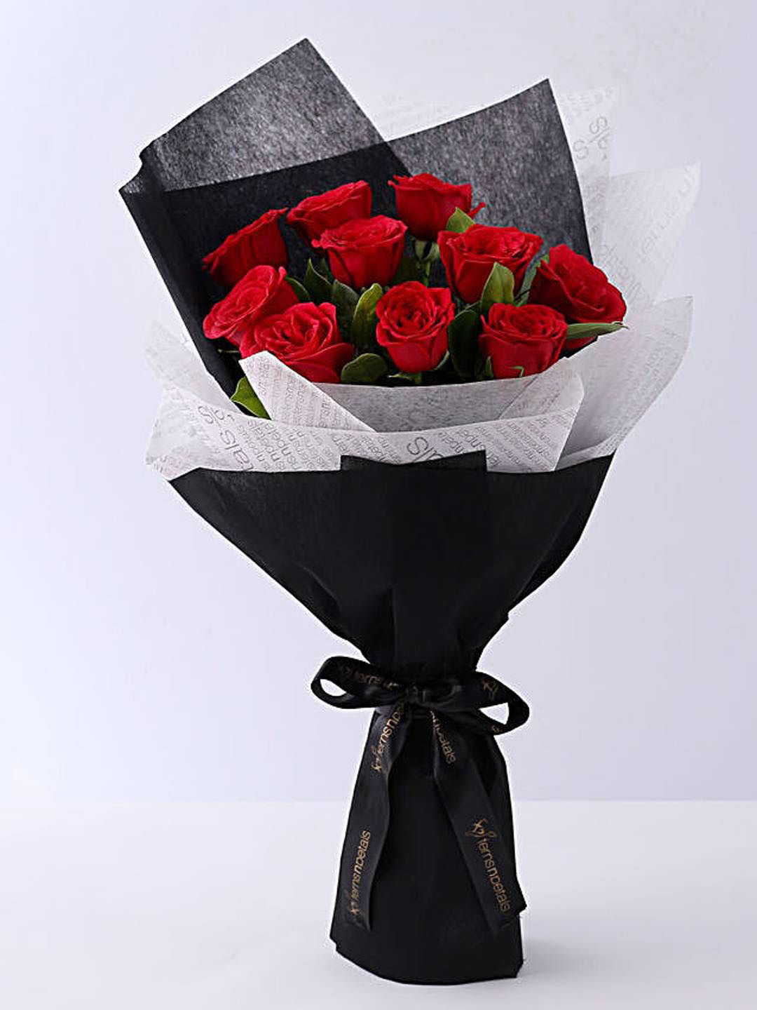 fnp Red & Green 10 Pieces Roses Double Wrapped Bouquet