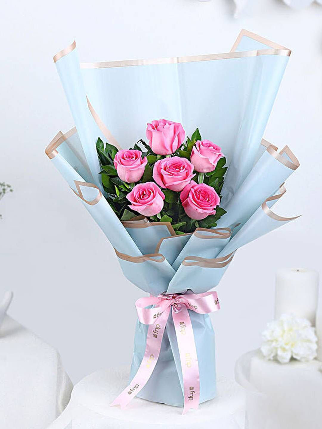 fnp Pink & Green 6 Pieces Roses Fresh Flowers Bouquet