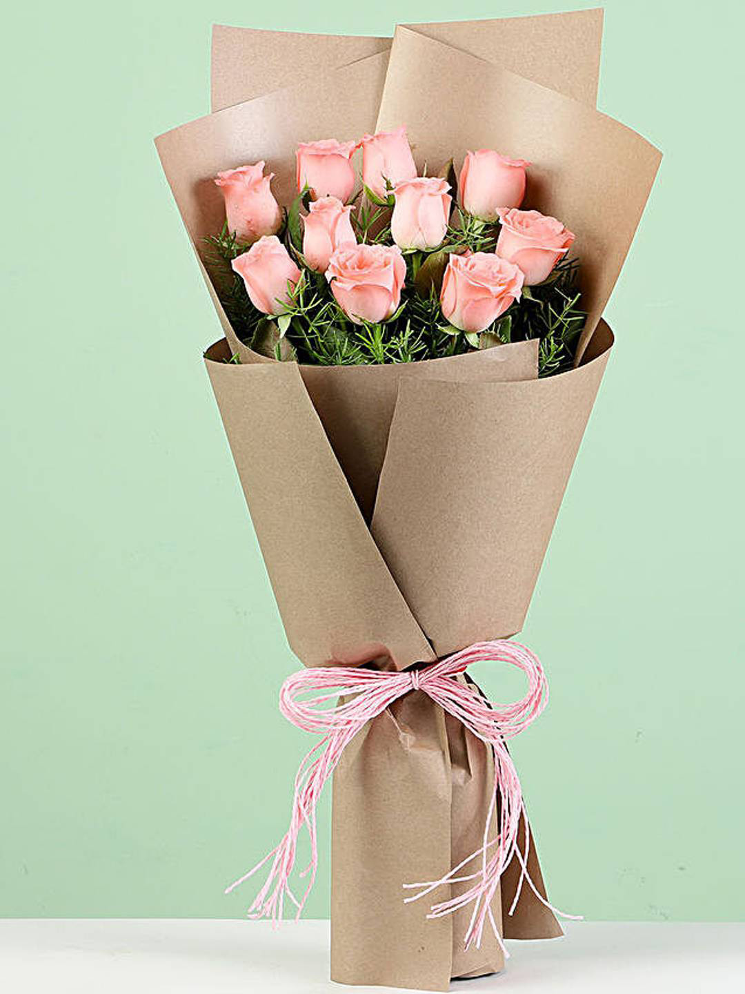 fnp Pink & Green 10 Pieces Roses Fresh Flowers Bouquet