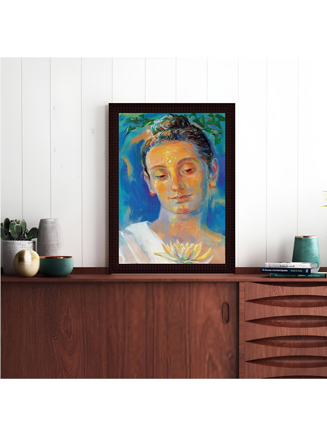 Tamatina Blue and Green Religious Painted Framed Canvas Wall Art