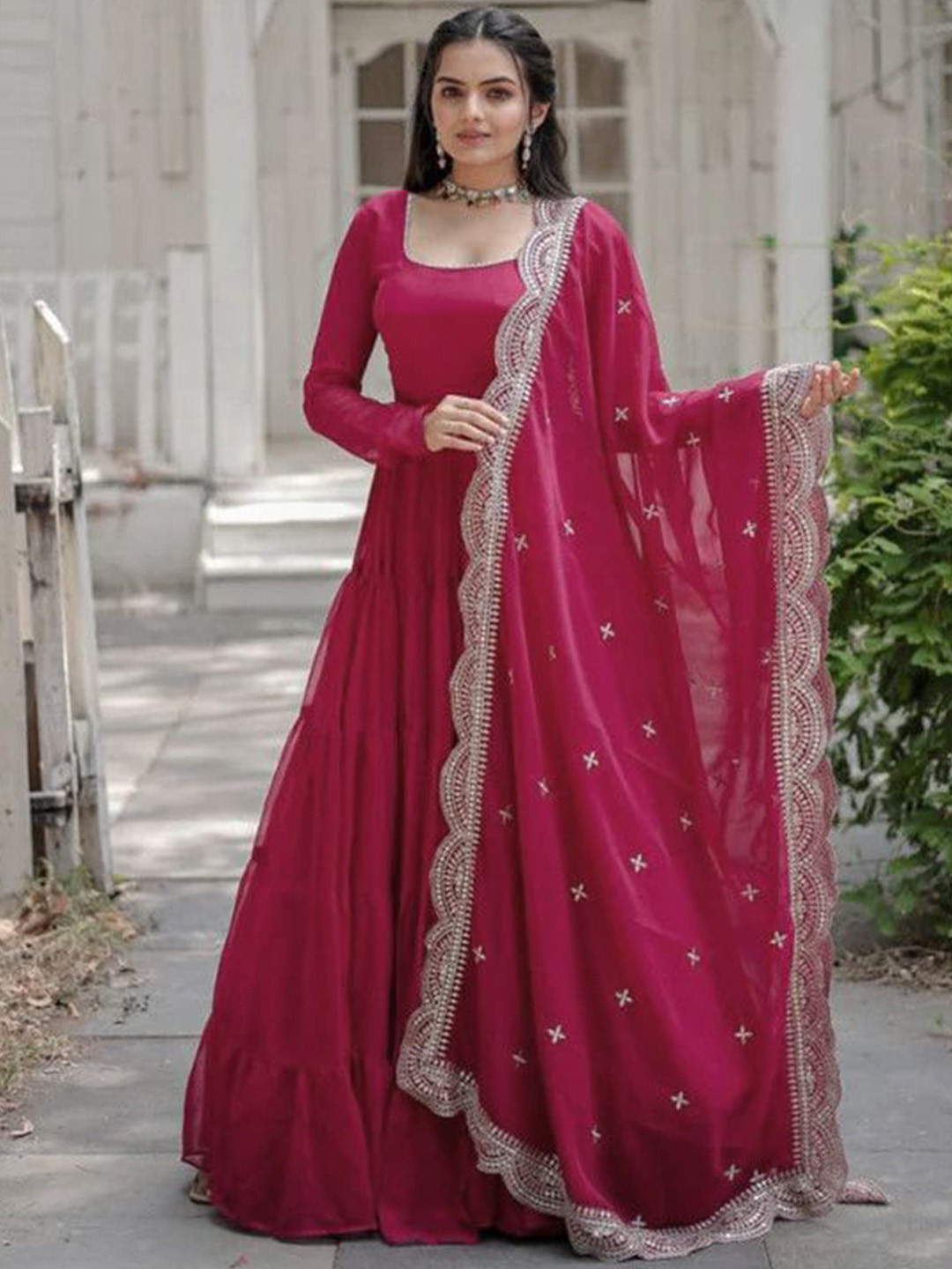 Ethnic Yard Round Neck Long Sleeves Georgette Ethnic Dress With Dupatta