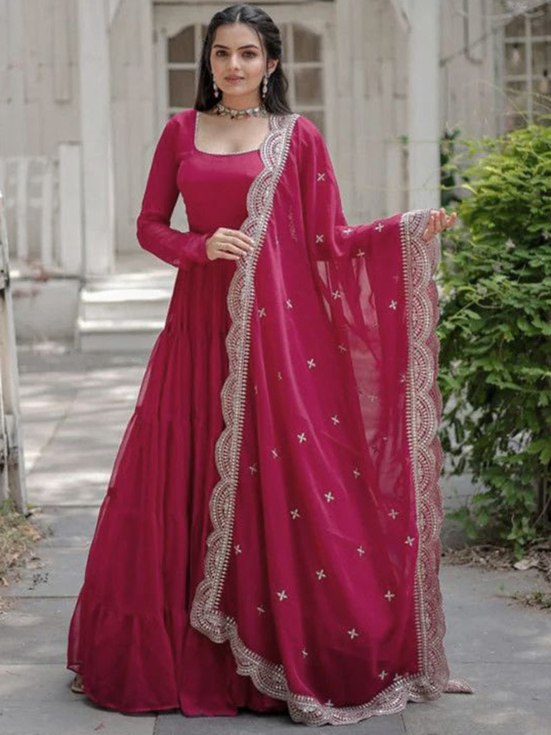 Ethnic Yard Embroidered Georgette Gown Maxi Ethnic Dress Comes With Dupatta