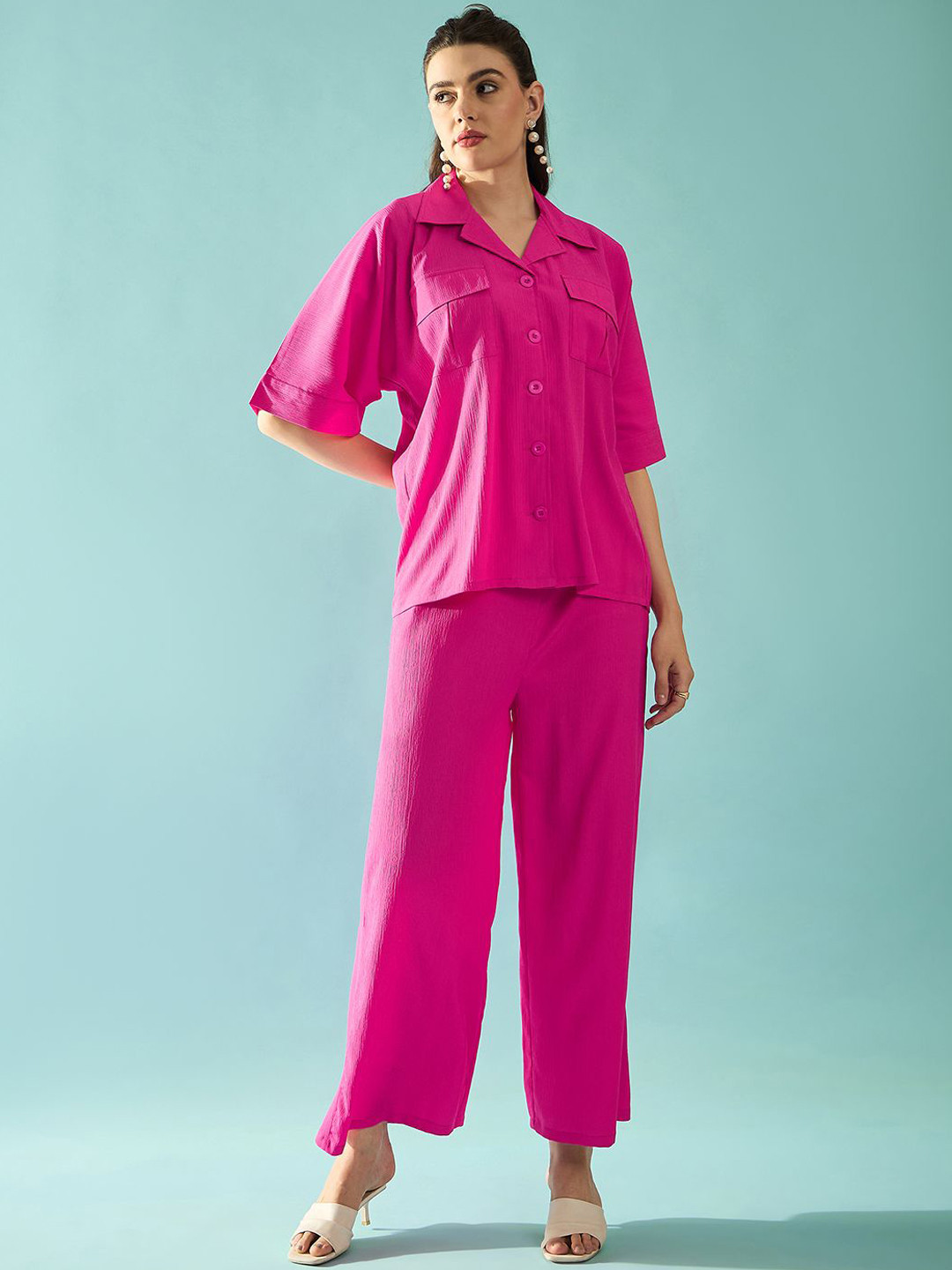 PANIT Magenta Seersucker Oversized Loose Fit Cuban Collar Short Sleeve Shirt With Trousers