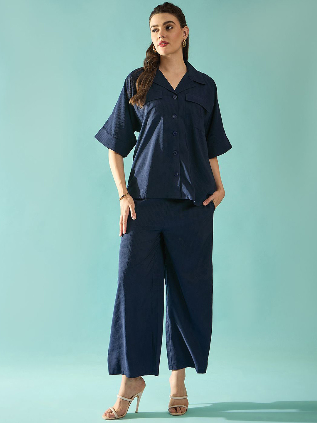 PANIT Navy Blue Lapel Collar Flared Sleeves Loose Fit Seersucker Shirt & Trousers