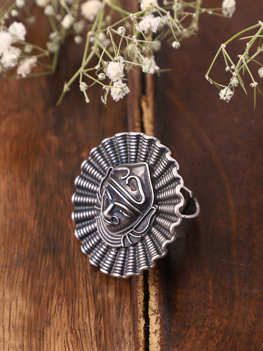 VENI Oxidised 92.5 Silver-Plated  Finger Ring With Tribe Design