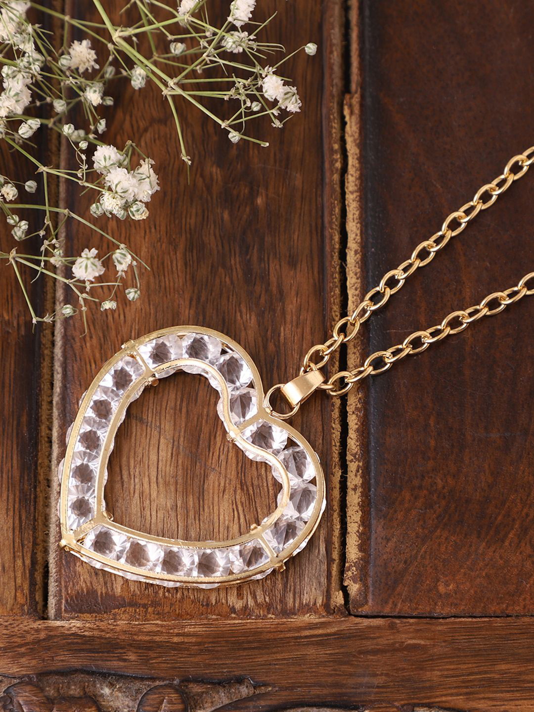 VENI Gold-Plated Stone-Studded & Heart-Charm Pendant With Chain