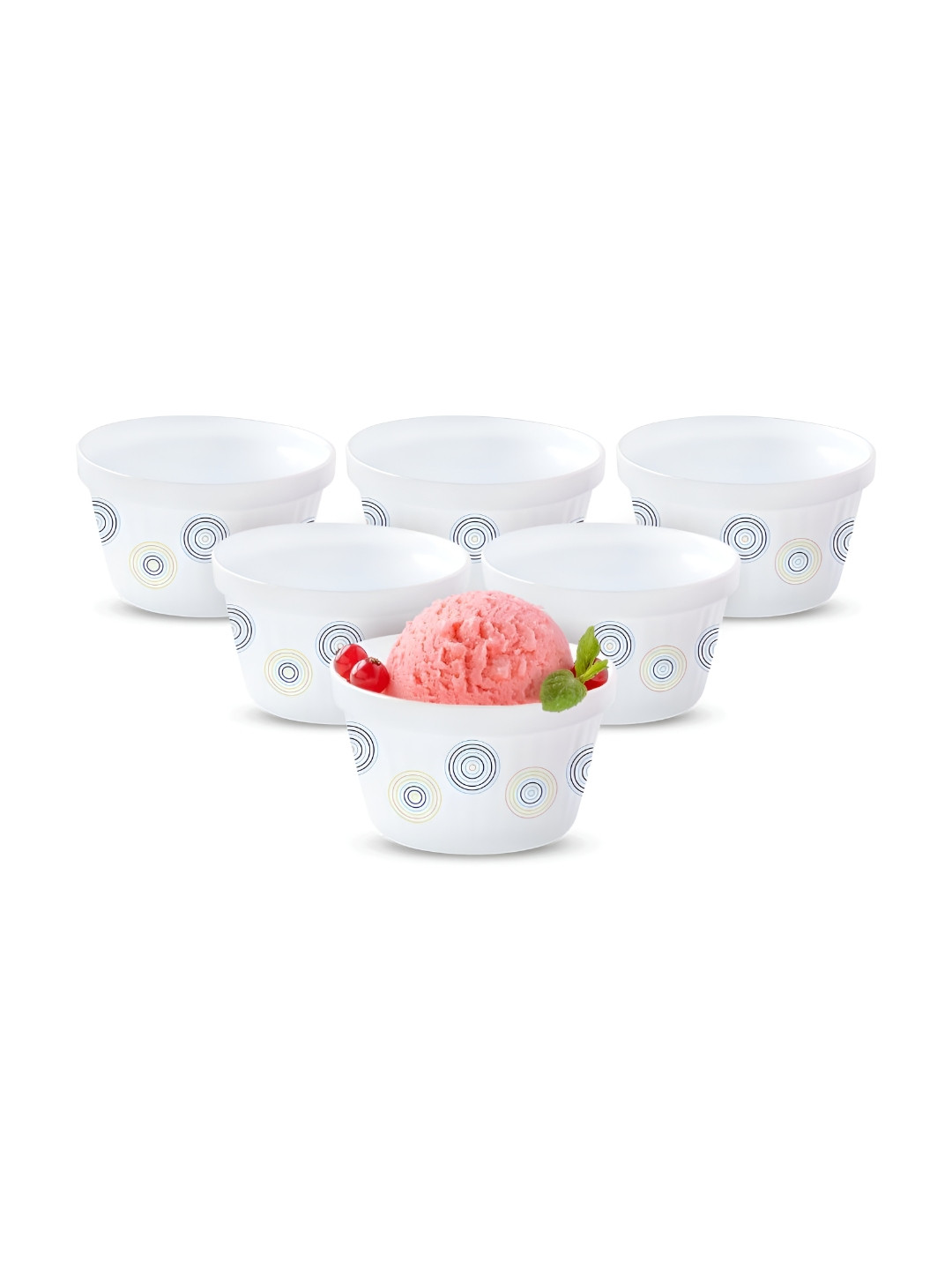 Larah by BOROSIL Plano Sorbet White & Blue 6 Pieces Printed Ice Cream Bowls