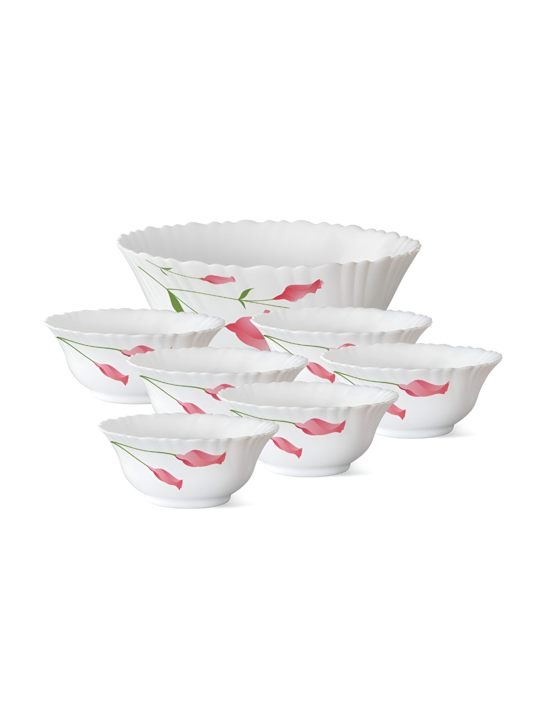 Larah by BOROSIL Fluted Series Diana White & Pink 7 Pieces Printed Crockery Dinner Set