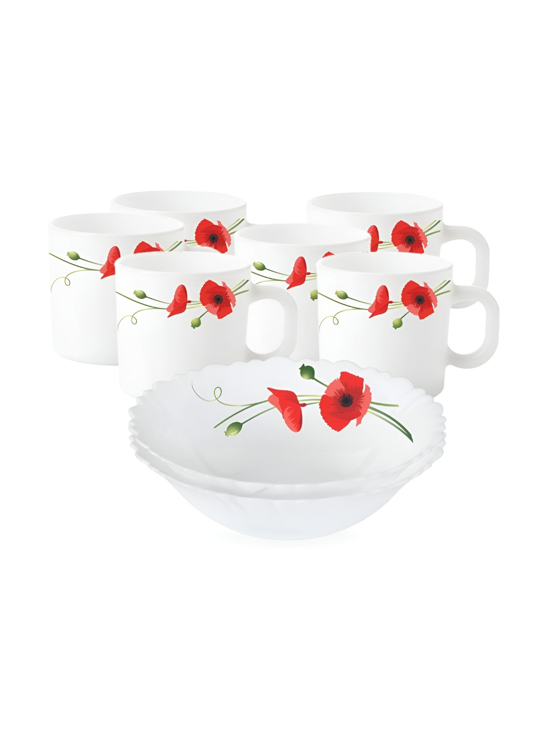 Larah by BOROSIL Fluted Series Carnation White & Red 8 Pieces Printed Opal Ware Dinner Set