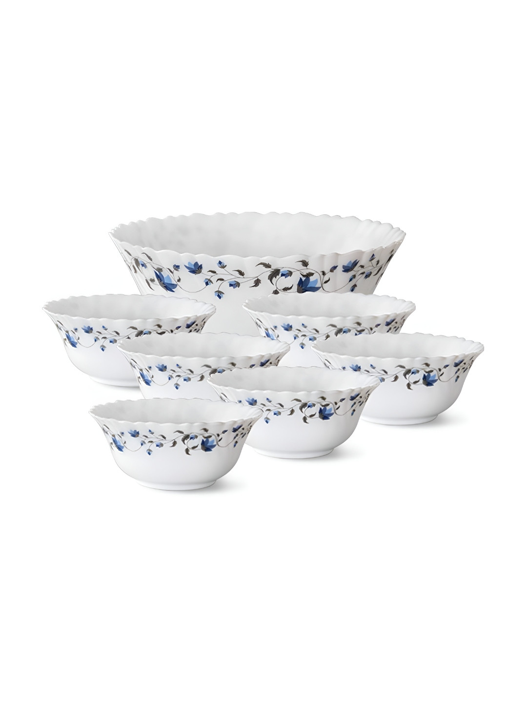 Larah by BOROSIL Fluted Series Helena White & Blue 7 Pieces Printed Bowls