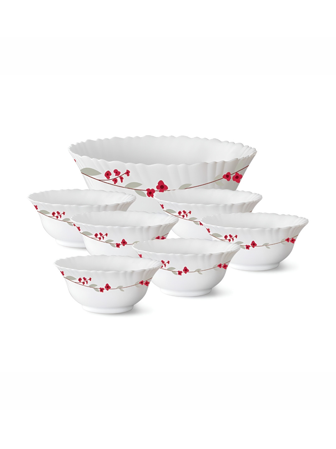 Larah by BOROSIL Fluted Series Verona White & Red 7 Pieces Printed Bowls