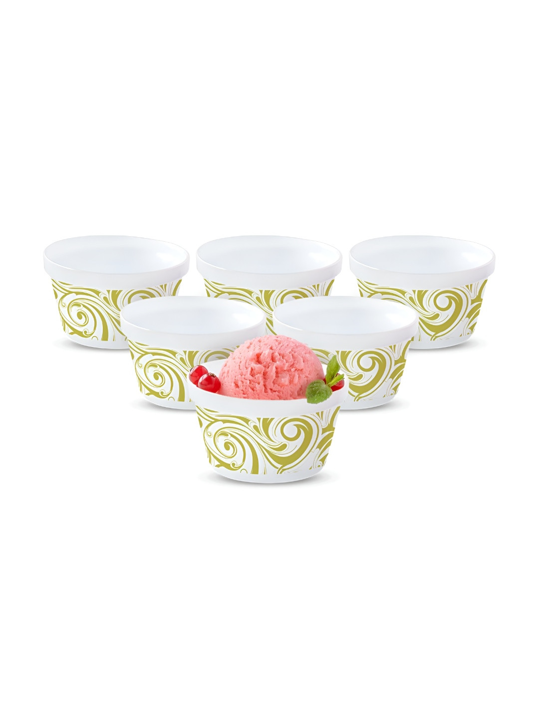 Larah by BOROSIL Plano Frosty White & Green 6 Pieces Printed Bowls