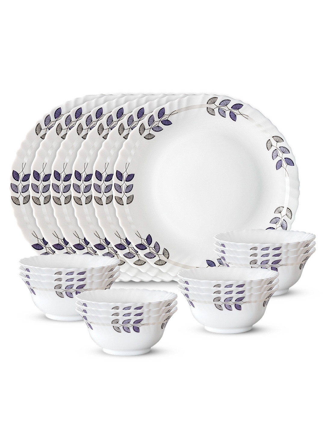 Larah by BOROSIL Fluted Series Floret White Floral Opalware Microwave Safe 18 Piece Dinner Set