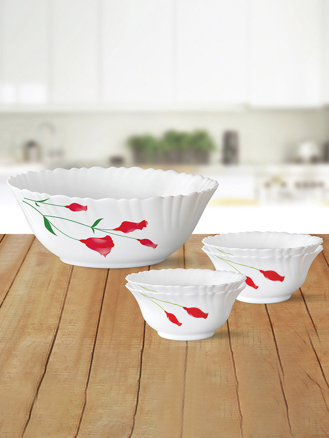Larah by BOROSIL Fluted Series Diana White 5 Pc Opalware Pudding Set