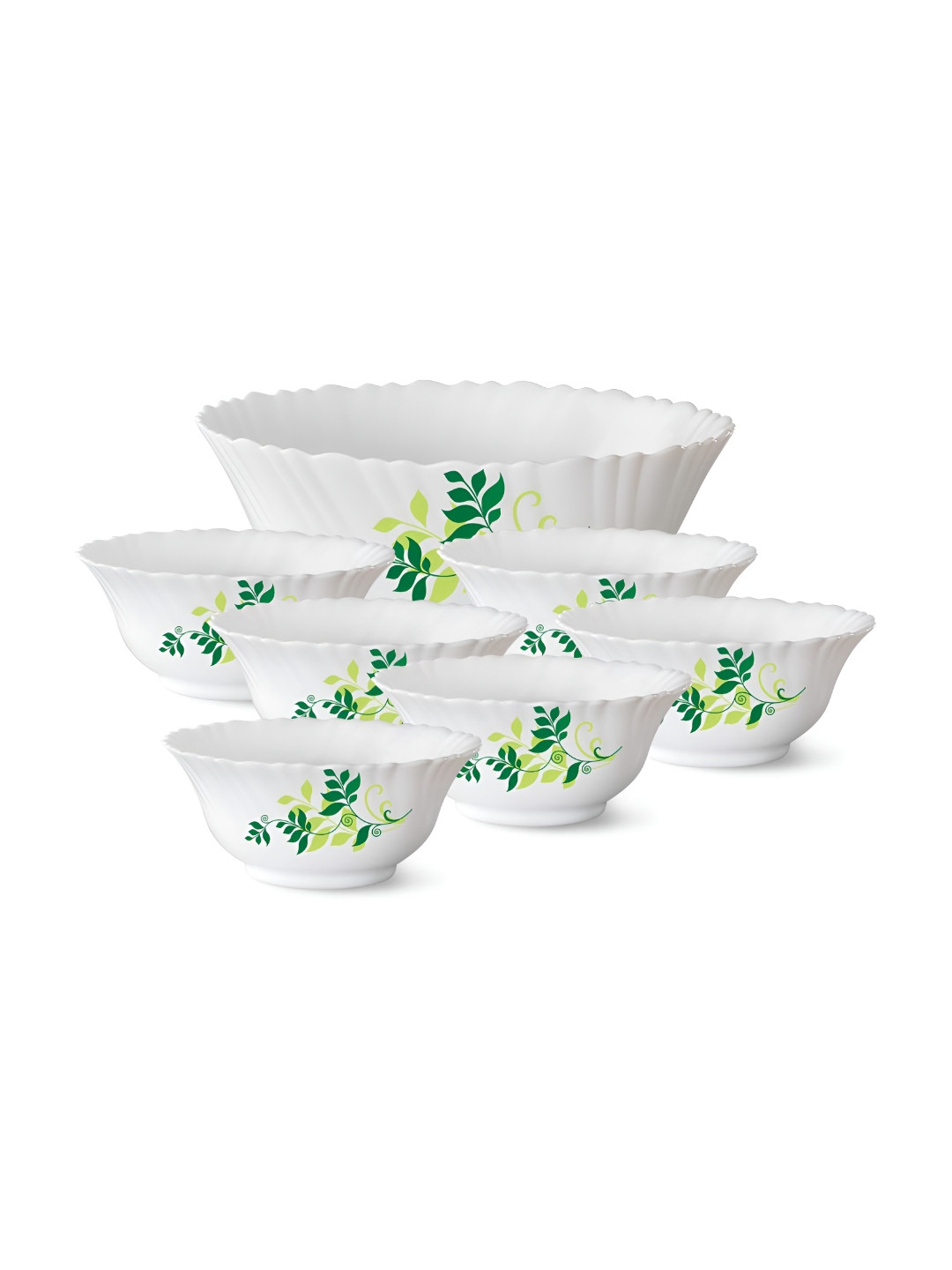 Larah by BOROSIL Fluted Series Fern White & Green 7 Pieces Printed Pudding Bowls