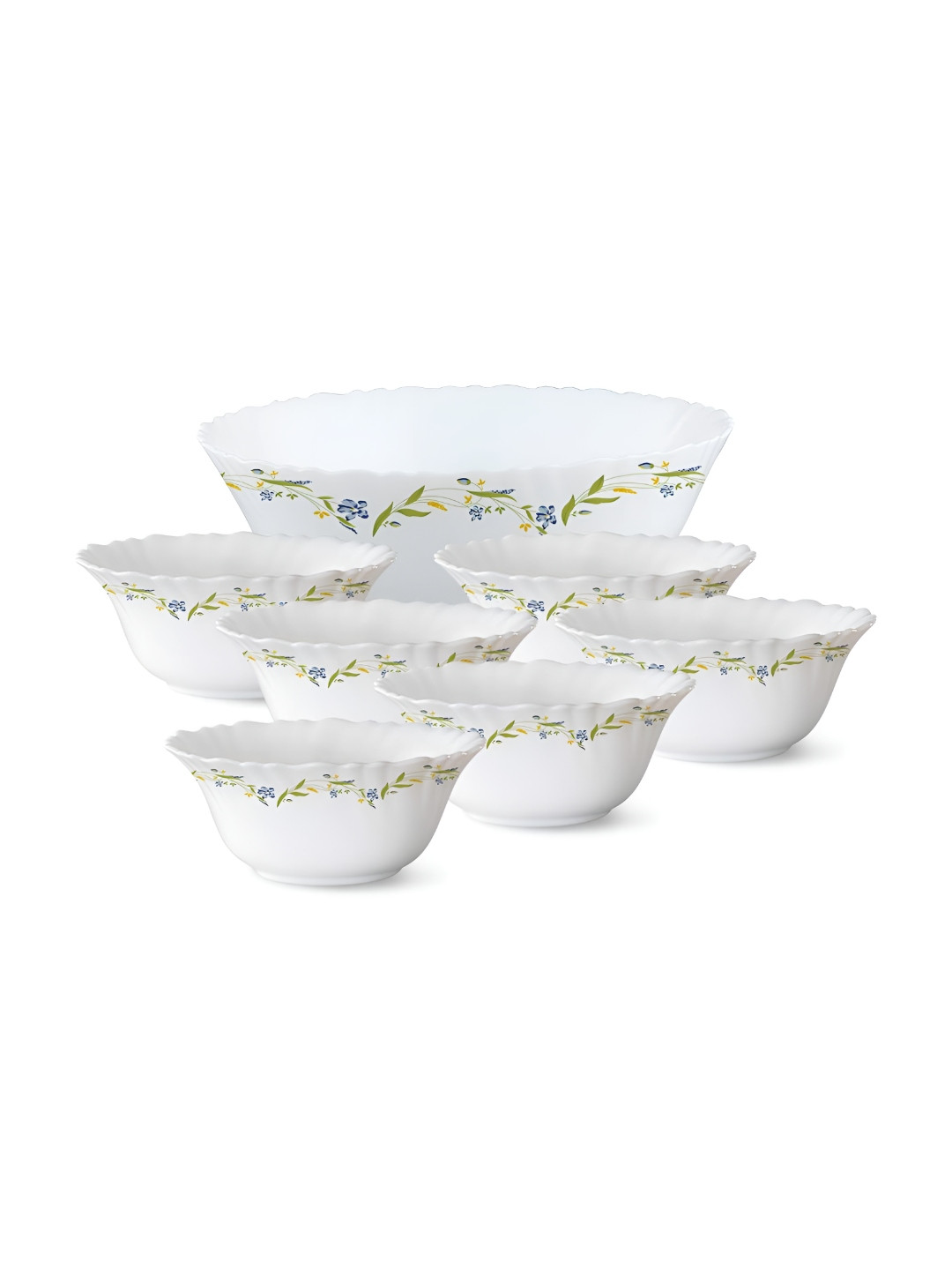 Larah by BOROSIL Fluted Series Cripper White & Yellow 7 Pieces Printed Pudding Bowls