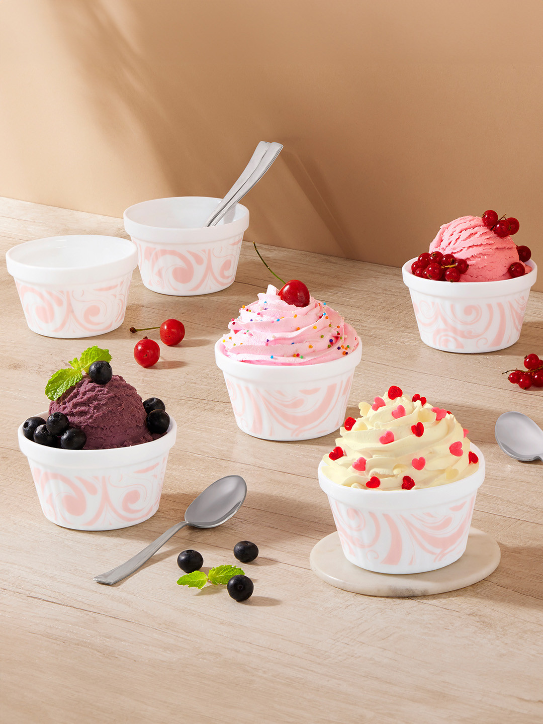 Larah by BOROSIL Plano Frosty White & Red 6 Pieces Printed Ice Cream Bowls
