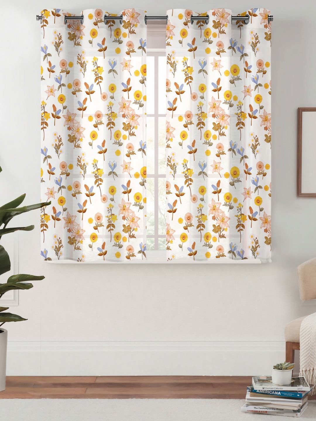 Lunar Days White 2 Pieces Floral Room Darkening Window Curtain