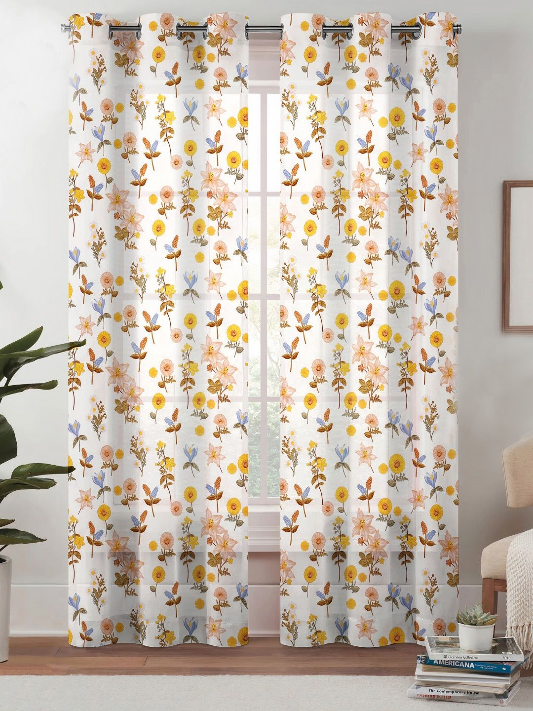 Lunar Days White 2 Pieces Floral Room Darkening Long Door Curtain