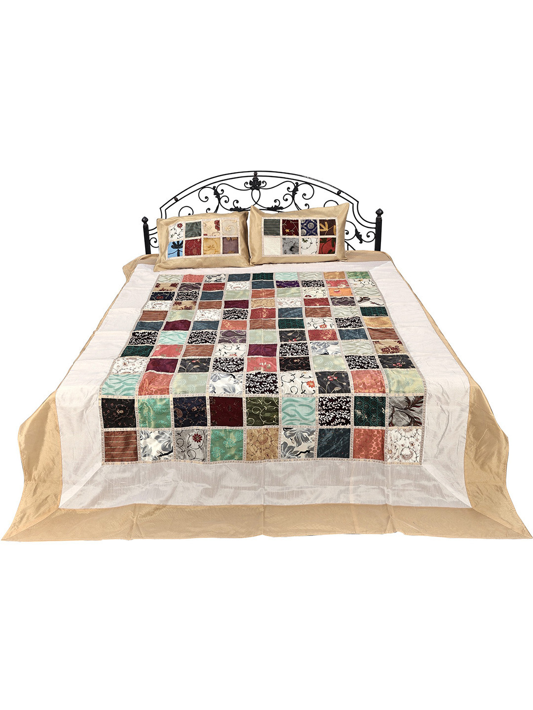 Exotic India Gold-Toned & Green Ethnic Motifs Cotton AC Room Double Bed Quilt