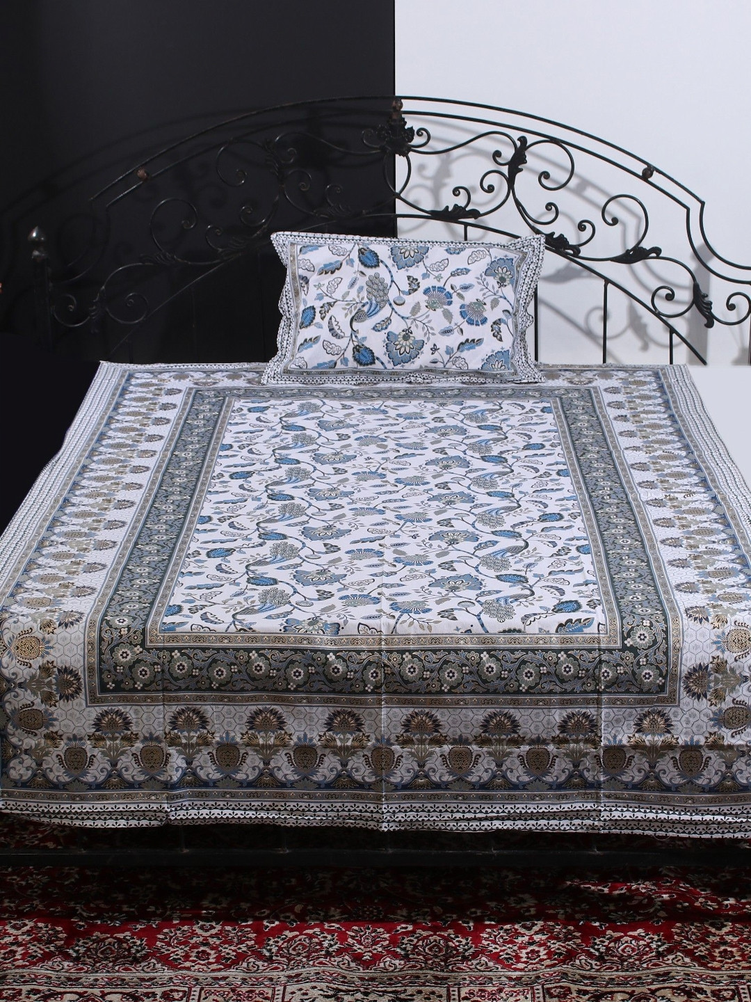 Exotic India Blue & White Floral 300 TC Cotton Single Bedsheet With 1 Pillow Cover
