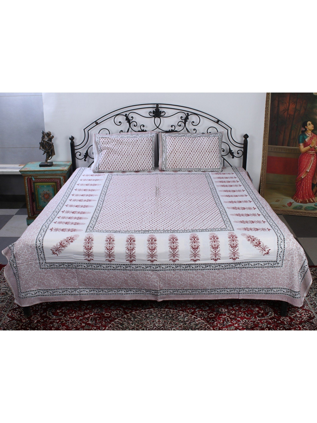 Exotic India Red & White Floral Cotton 300 TC Queen Bedsheet with 2 Pillow Covers