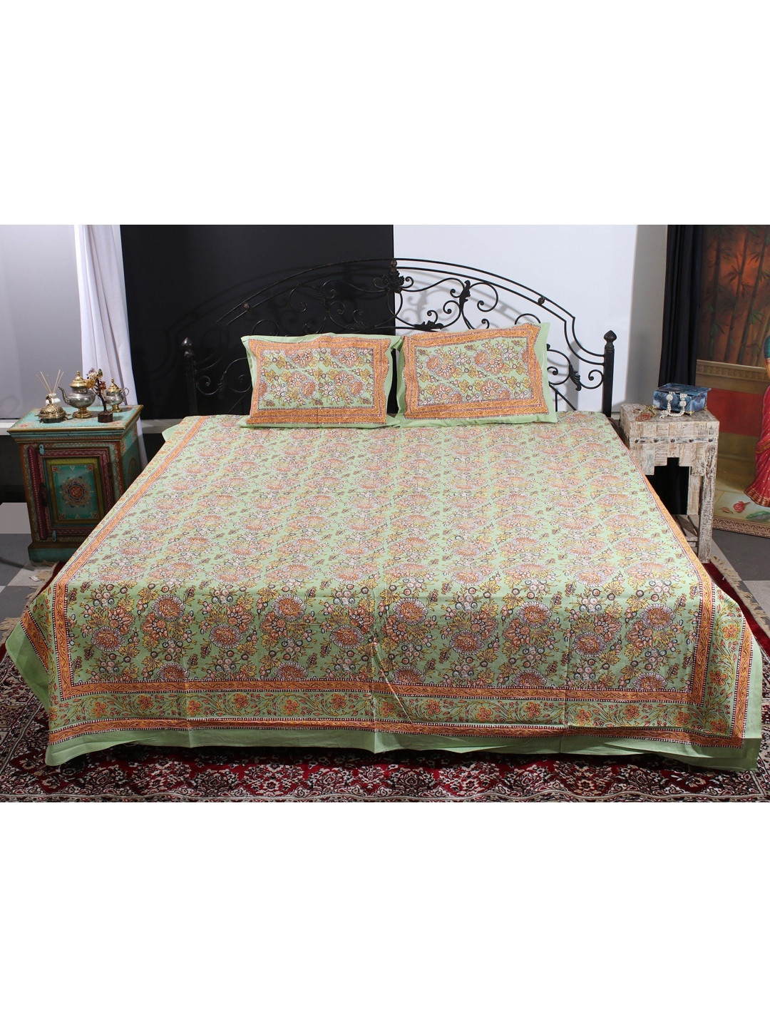 Exotic India Green & Orange EthnicMotifs Cotton 300 TC Queen Bedsheet with 2 Pillow Covers