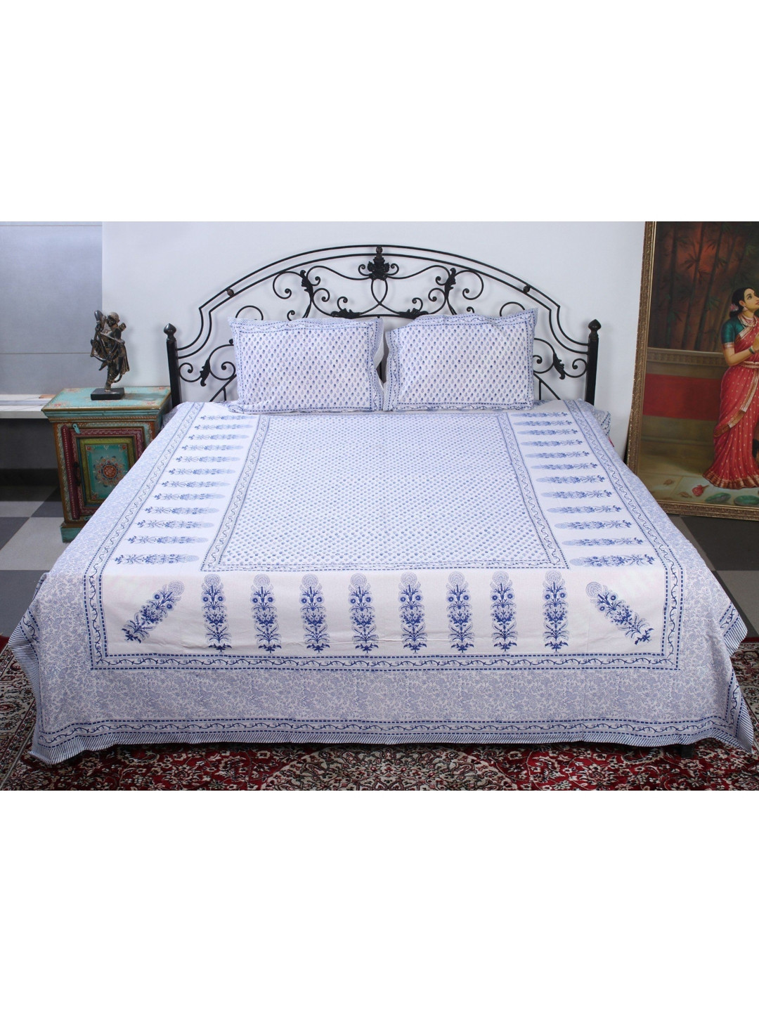 Exotic India Blue & White Floral 300 TC Cotton Queen Bedsheet With 2 Pillow Covers