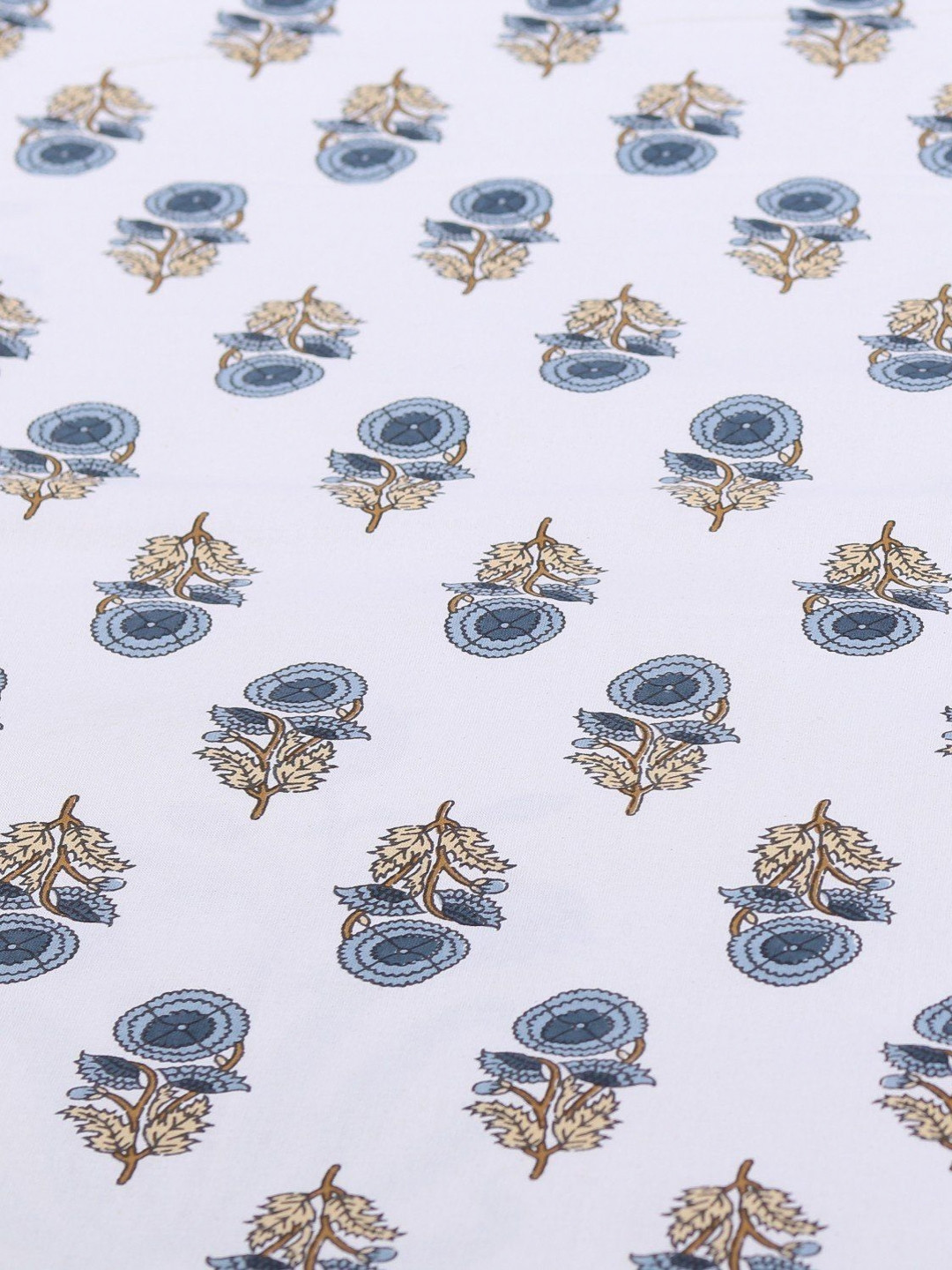 Exotic India White & Blue Ethnic Motifs 300 TC Cotton King Bedsheet With 2 Pillow Covers