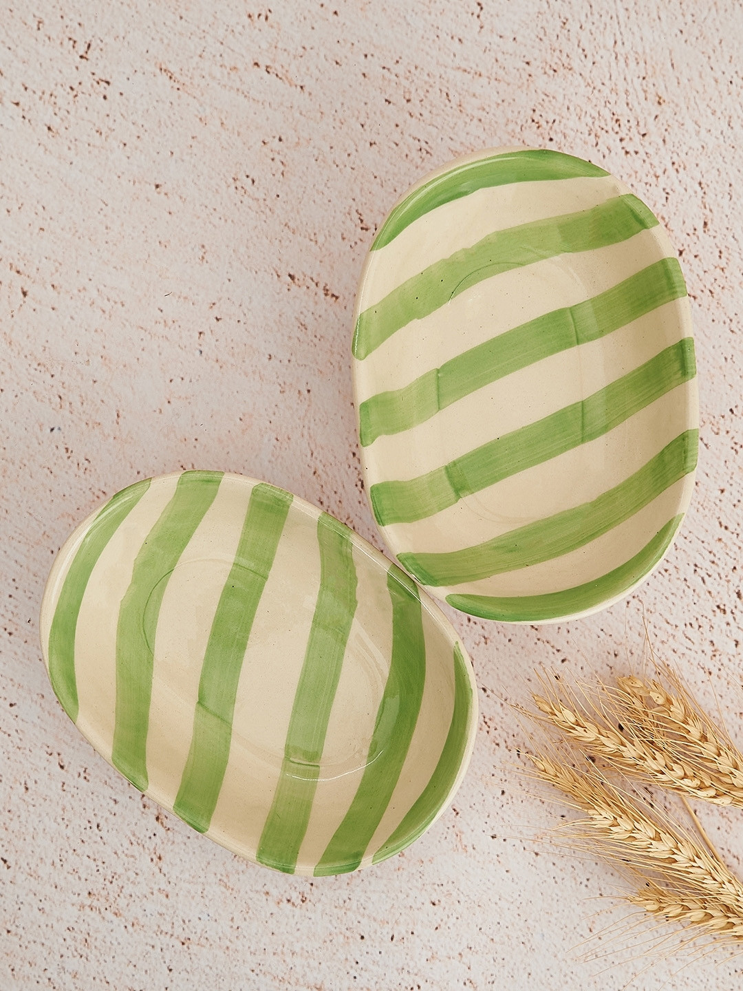 NURTURE INDIA Green & White Striped Ceramic Bowl