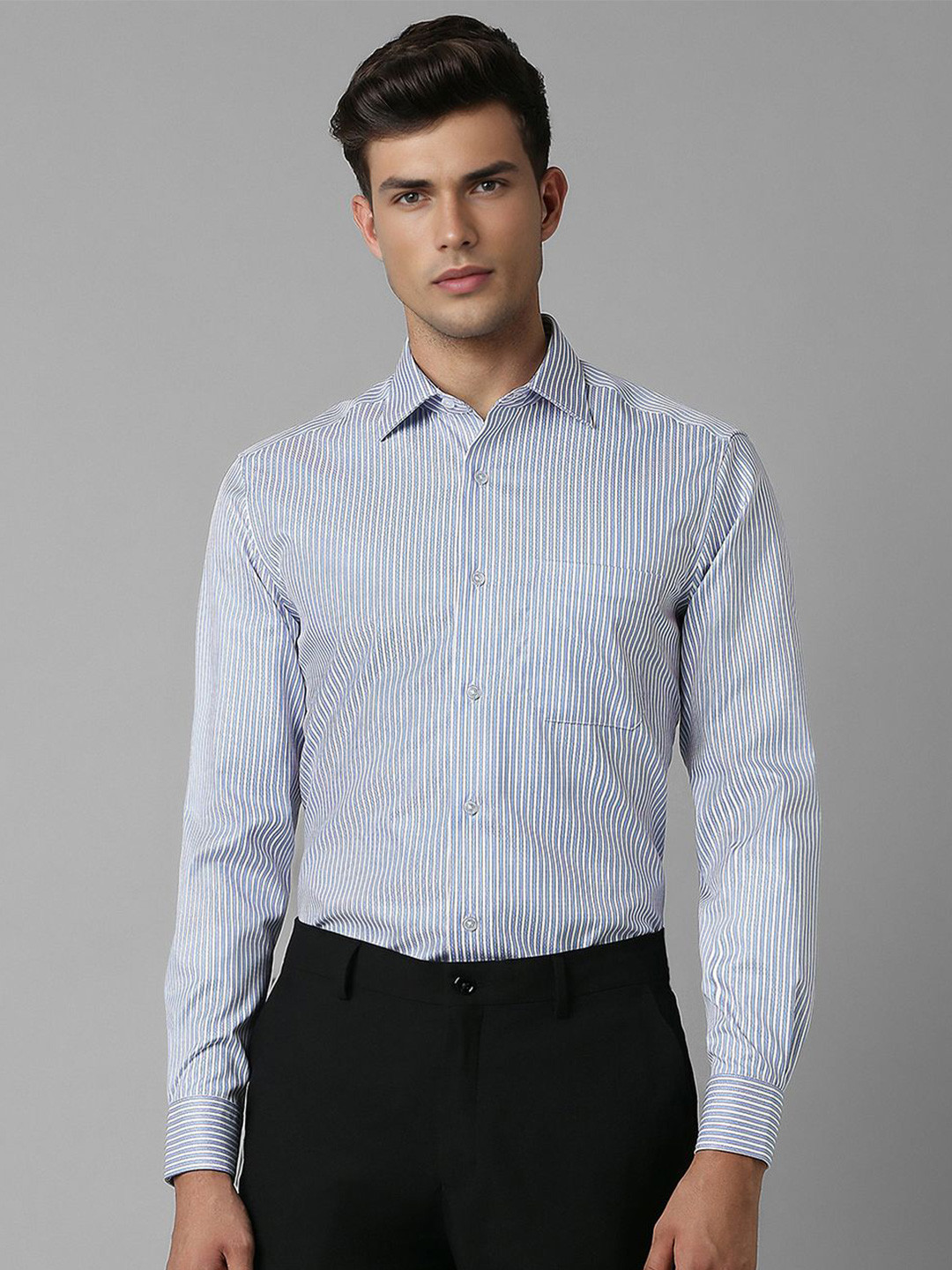 Louis Philippe Men Striped Spread Collar Button Placket Patch Pocket Formal Shirt