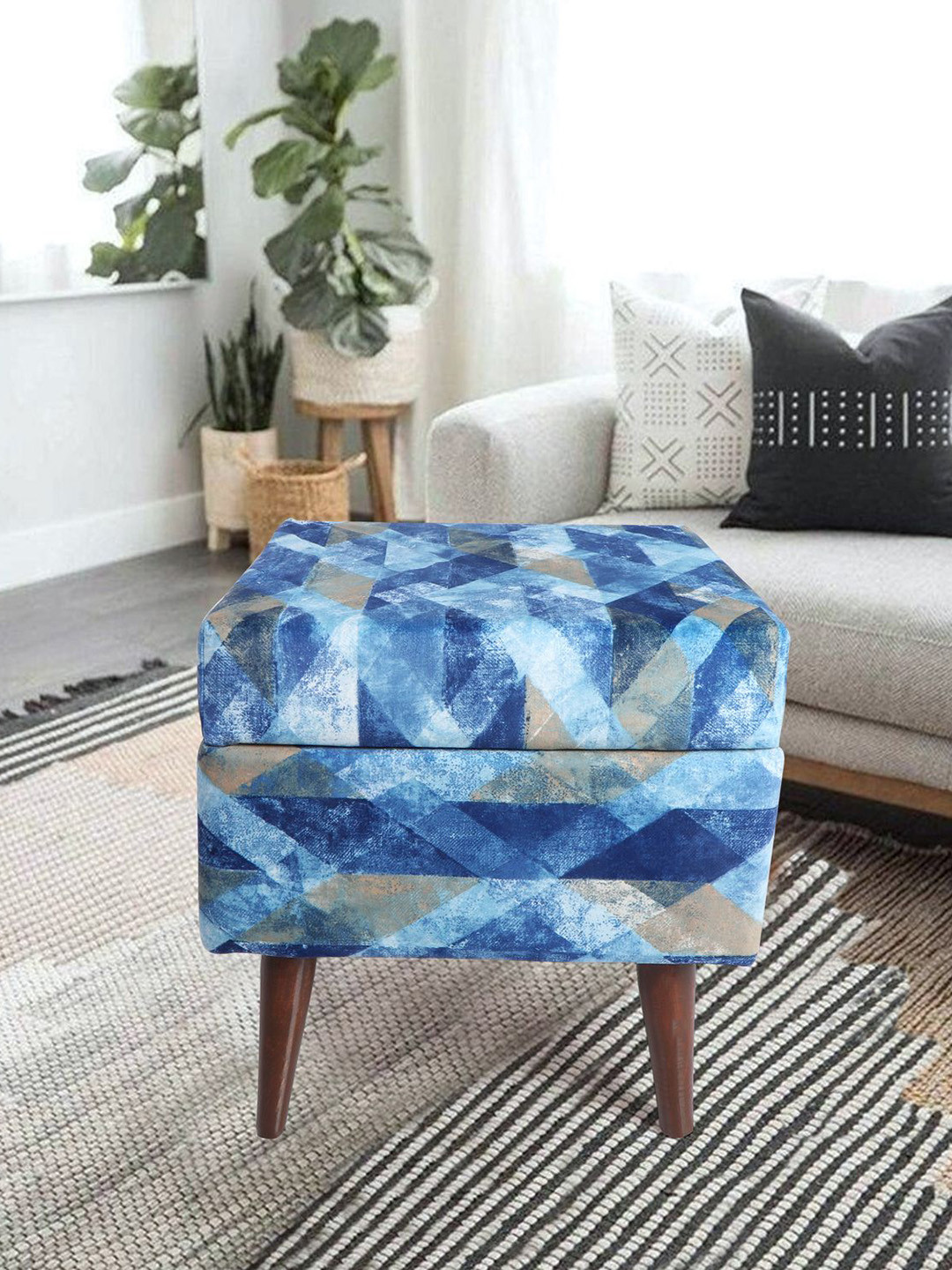 THE HOME CO. Blue & Grey Sitting Pouffe Ottoman Stool
