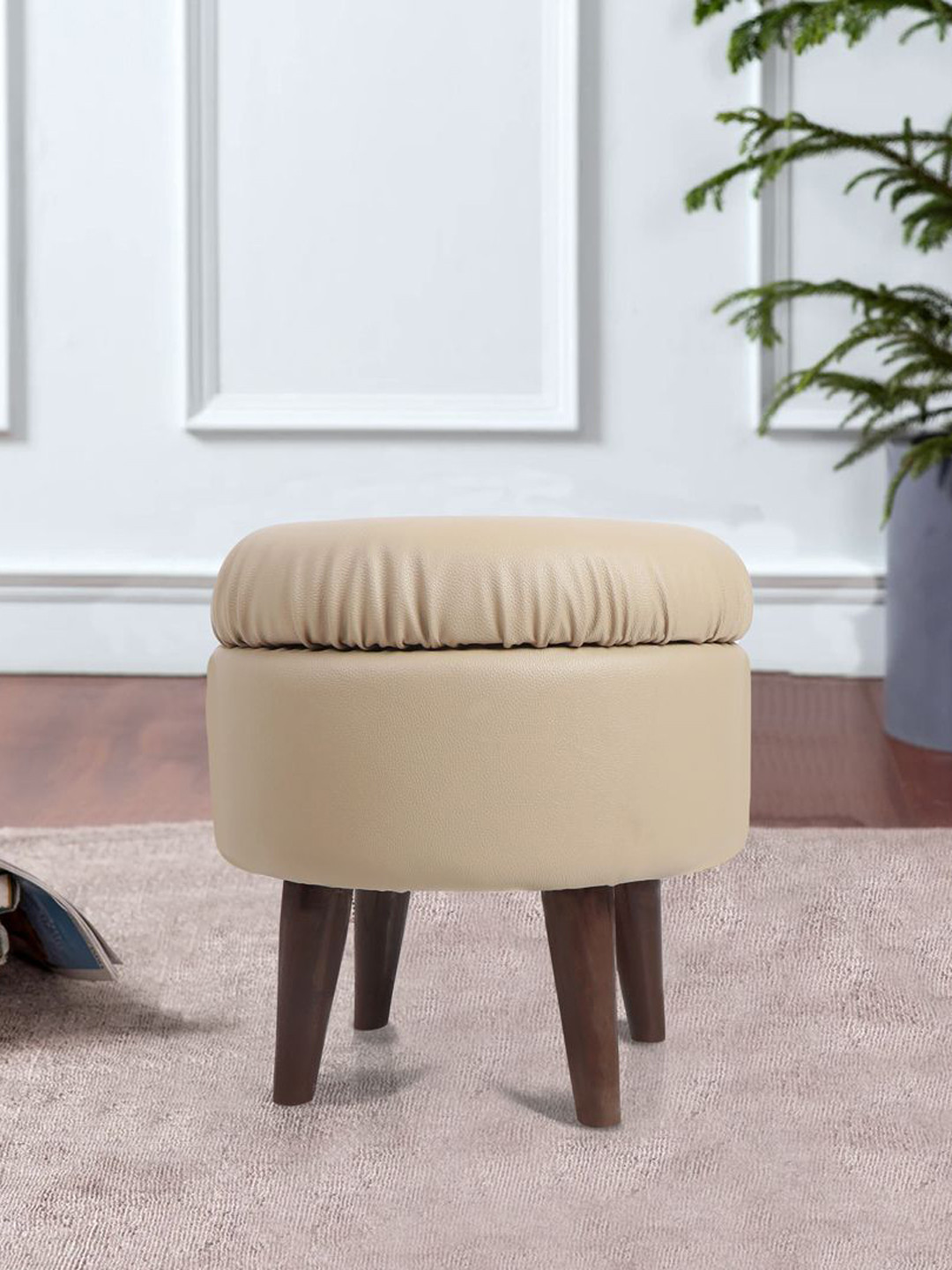 THE HOME CO. Cream-Colored Wooden Round Sitting Pouffe Ottoman Stool